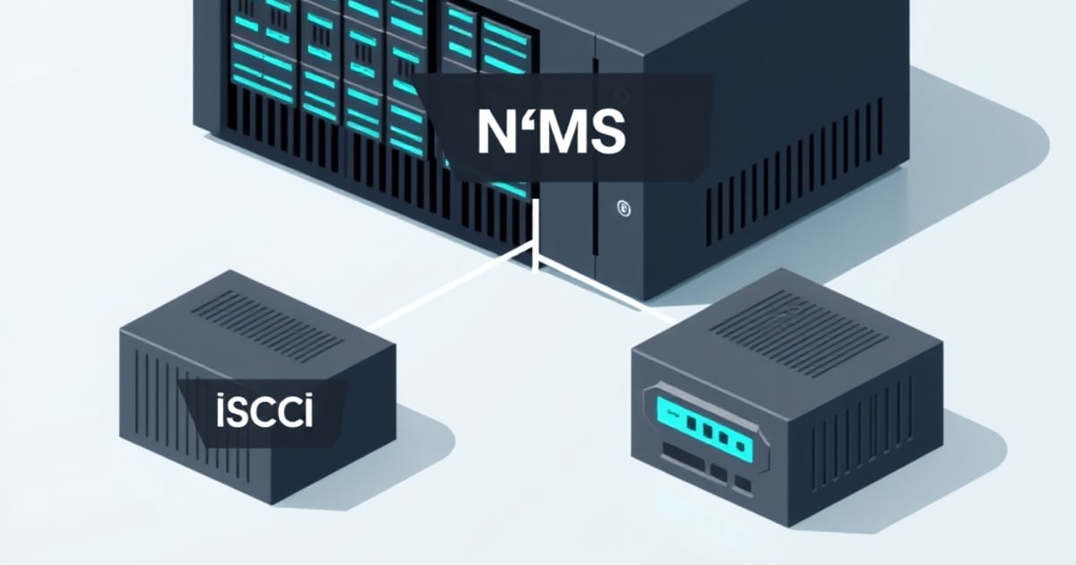 Isometric diagram showing three protocol pathways from NAS: SMB for file sharing, NFS for access, iSCSI for block storage