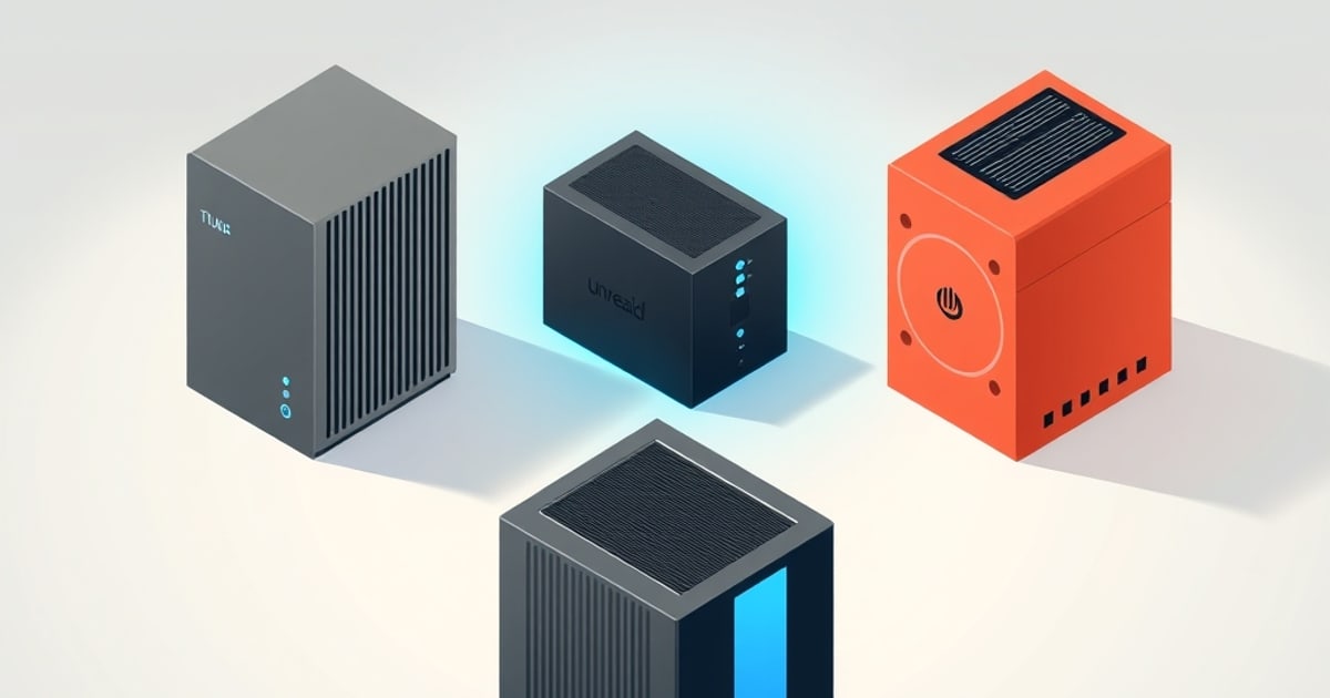 Several hard drives arranged on a desk next to a small server, evoking a NAS OS comparison